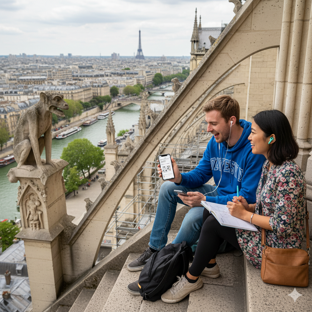 Self-guided audio tour of Notre-Dame Cathedral towers by Uvamai Niche Tourism, featuring detailed views of the historic architecture.