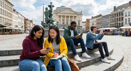 Self-guided audio tour device for Bruges by Uvamai Niche Tourism, featuring a portable audio guide with headphones and tour controls.