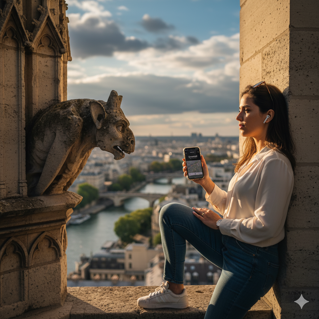 Self-guided audio tour of Notre-Dame Cathedral towers in Paris by Uvamai Niche Tourism, featuring detailed views of the historic structure.
