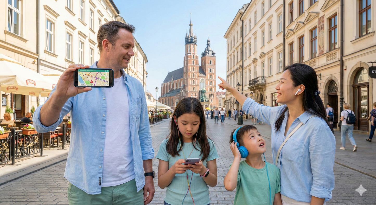 Self-guided audio tour of Krakow's Floriańska Street by Uvamai Niche Tourism, with historic buildings and vibrant street scenes.