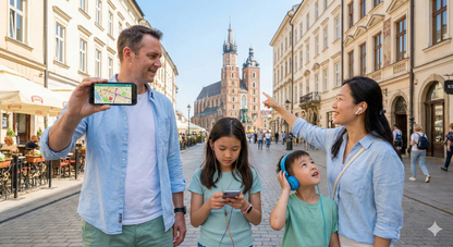 Self-guided audio tour of Krakow's Floriańska Street by Uvamai Niche Tourism, with historic buildings and vibrant street scenes.