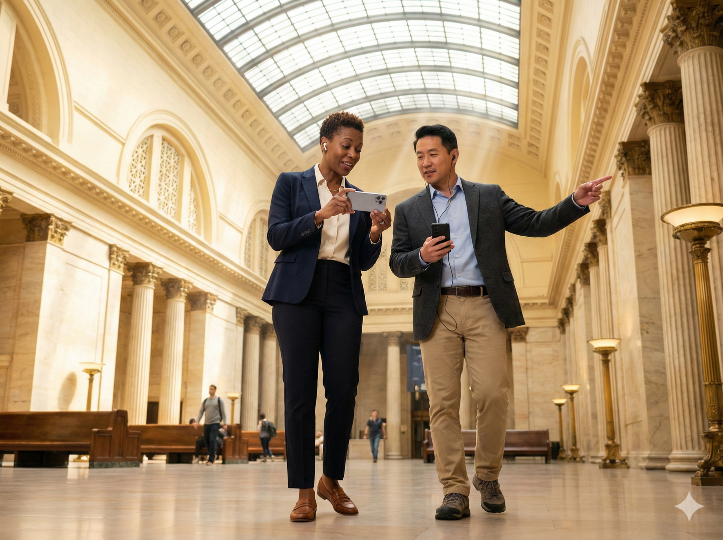 Self-guided audio tour at Union Station in Chicago, offered by Uvamai Niche Tourism, featuring historic station visuals.