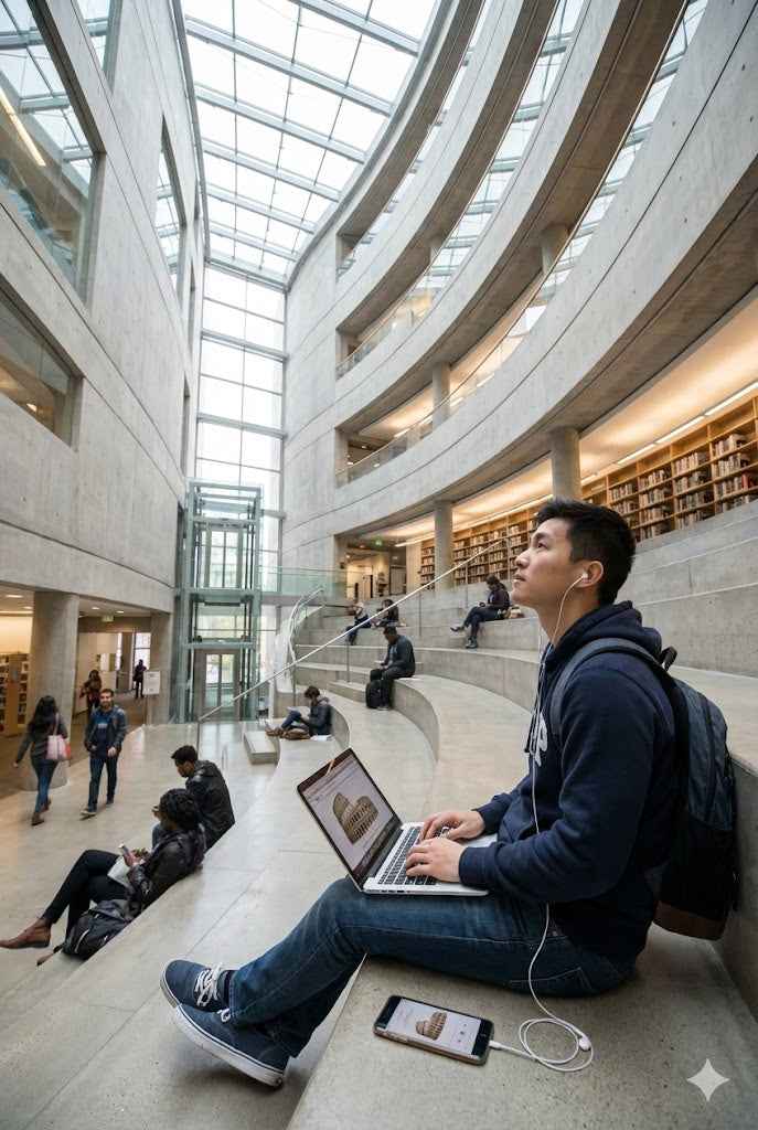 Vancouver Public Library architectural marvel with modern design and spacious interior, part of Uvamai Niche Tourism's self-guided audio tour.