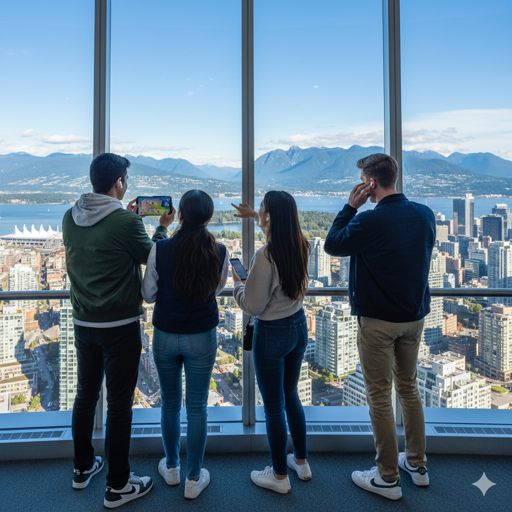 Vancouver Self-Guided Audio Tour by Uvamai Niche Tourism showing the Harbor Centre Observation Deck with city skyline view