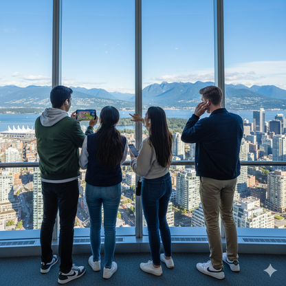 Vancouver Self-Guided Audio Tour by Uvamai Niche Tourism showing the Harbor Centre Observation Deck with city skyline view