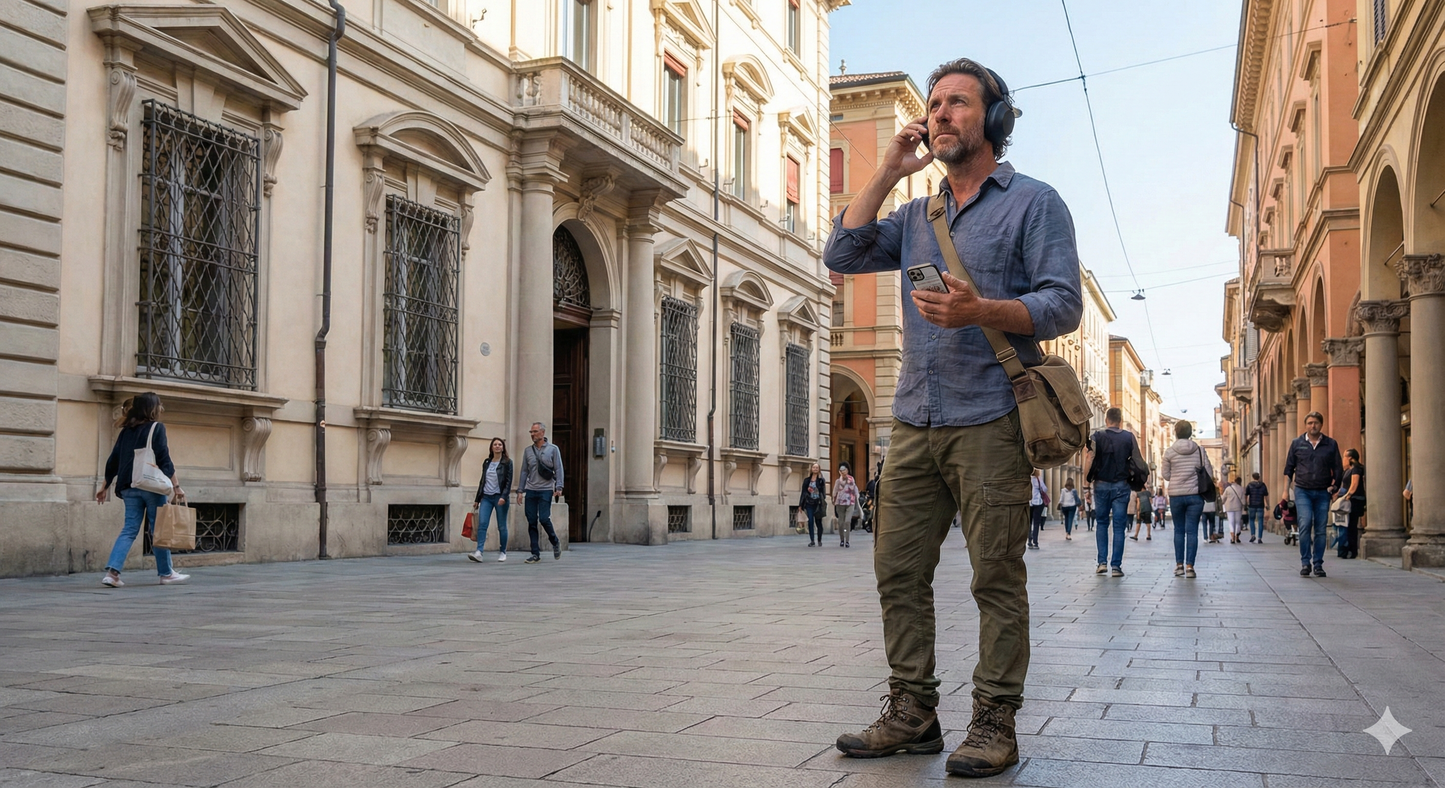 Bologna self-guided audio tour by Uvamai Niche Tourism, featuring a smartphone with tour app and historic cityscape.