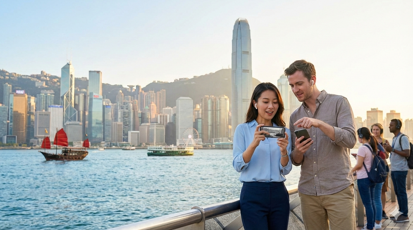 Self-guided audio tour of Victoria Harbour in Hong Kong by Uvamai Niche Tourism, featuring scenic harbor views and city skyline.