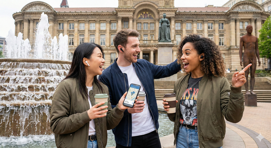 Self-guided audio tour of Victoria Square in Birmingham by Uvamai Niche Tourism, showing historic architecture and vibrant city scenery.