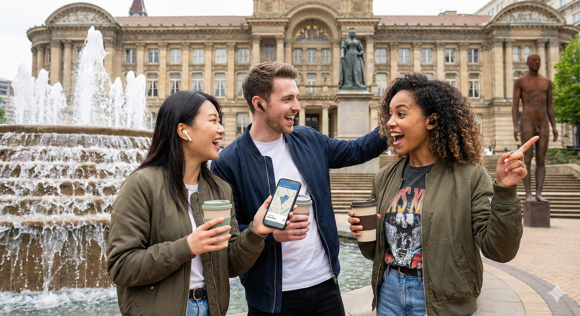 Self-guided audio tour of Victoria Square in Birmingham by Uvamai Niche Tourism, showing historic architecture and vibrant city scenery.