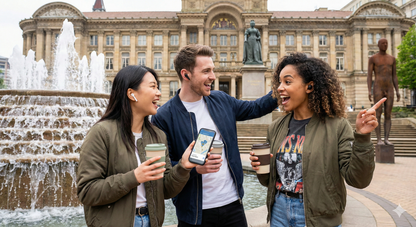 Self-guided audio tour of Victoria Square in Birmingham by Uvamai Niche Tourism, showing historic architecture and vibrant city scenery.