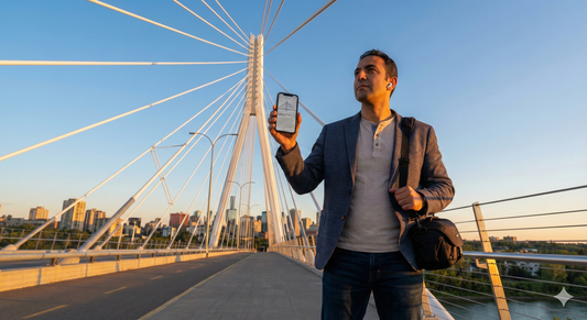 Self-guided audio tour image featuring Walterdale Bridge at sunset, highlighting golden hour architecture by Uvamai Niche Tourism.