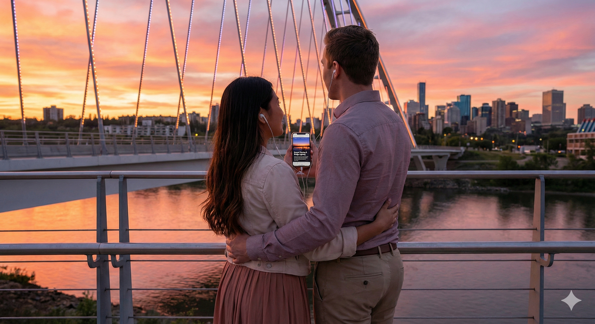 Sunset view of Walterdale Bridge in Edmonton during a romantic evening, featured in Uvamai Niche Tourism's self-guided audio tour.