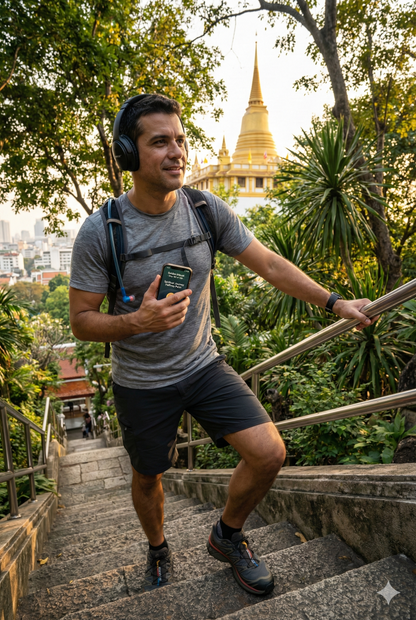 Audio tour guide for Wat Saket and the Golden Mount in Bangkok by Uvamai Niche Tourism, showing landmarks and scenic views.