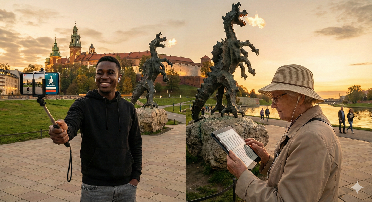 Audio guide device featuring the Wawel Dragon Monument in Krakow for the Uvamai Niche Tourism self-guided tour.
