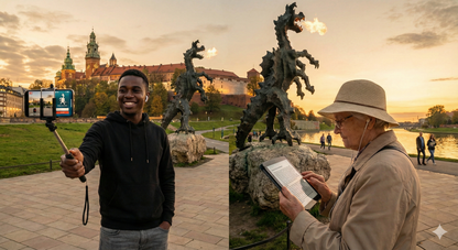 Audio guide device featuring the Wawel Dragon Monument in Krakow for the Uvamai Niche Tourism self-guided tour.