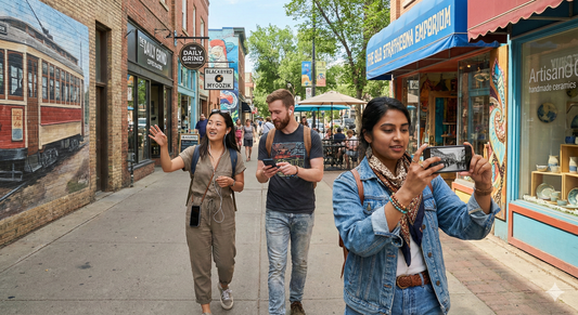 Self-guided audio tour of Whyte Avenue in Edmonton by Uvamai Niche Tourism, showing vibrant daytime bohemian street scene.