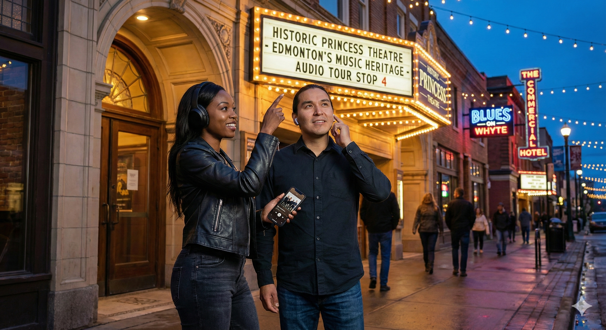 Edmonton self-guided audio tour by Uvamai Niche Tourism showing Whyte Avenue at evening with cultural scene and vibrant street atmosphere.