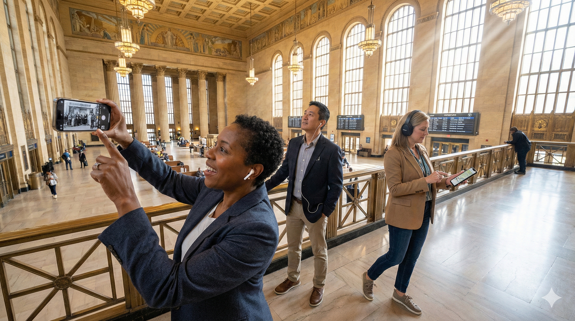 Self-guided audio tour of 30th Street Station in Philadelphia by Uvamai Niche Tourism with station exterior view.