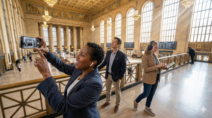 Self-guided audio tour of 30th Street Station in Philadelphia by Uvamai Niche Tourism with station exterior view.
