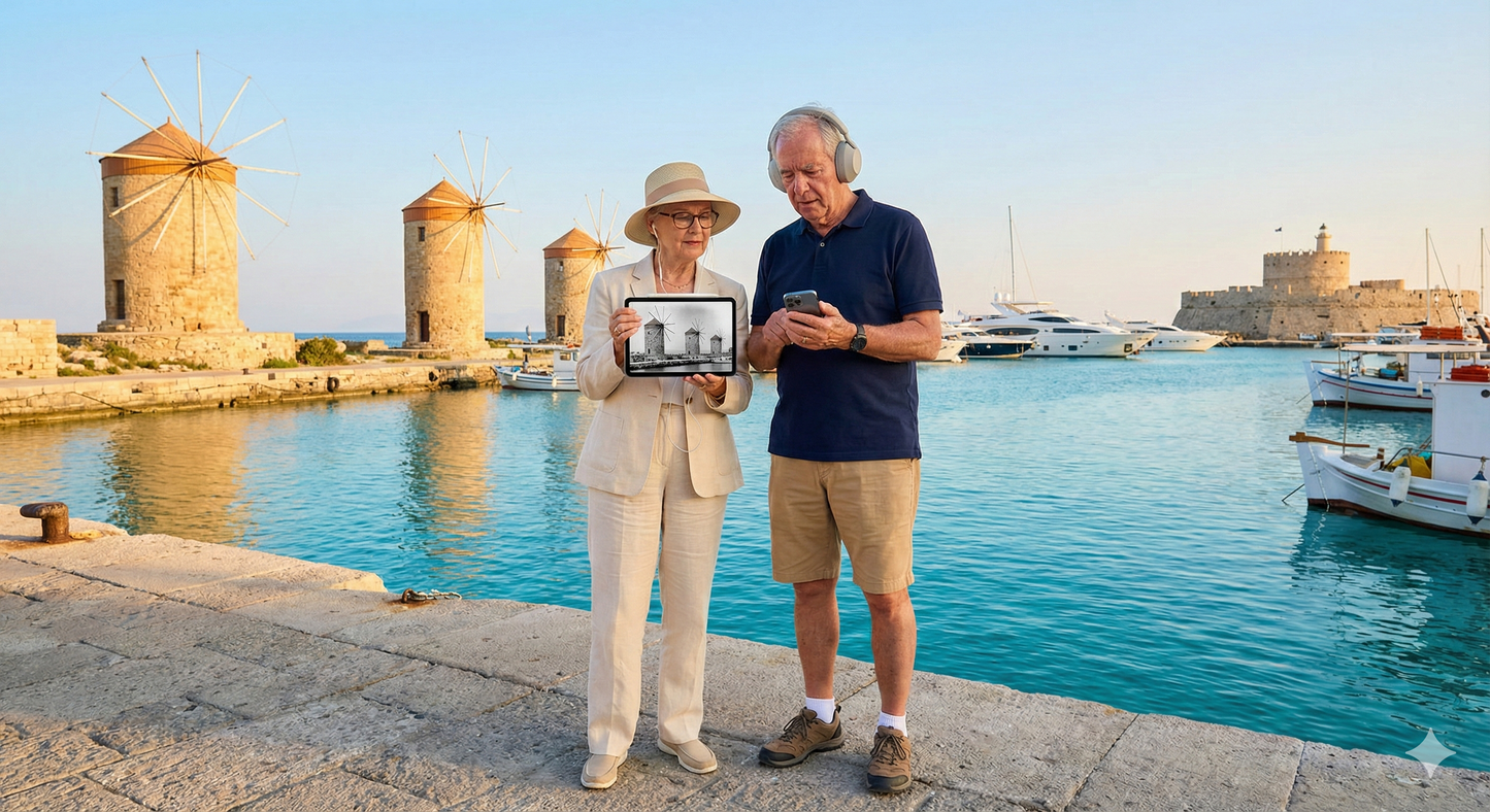 Self-guided audio tour of Mandraki windmills in Rhodes by Uvamai Niche Tourism, featuring historic windmill images.