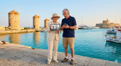 Self-guided audio tour of Mandraki windmills in Rhodes by Uvamai Niche Tourism, featuring historic windmill images.