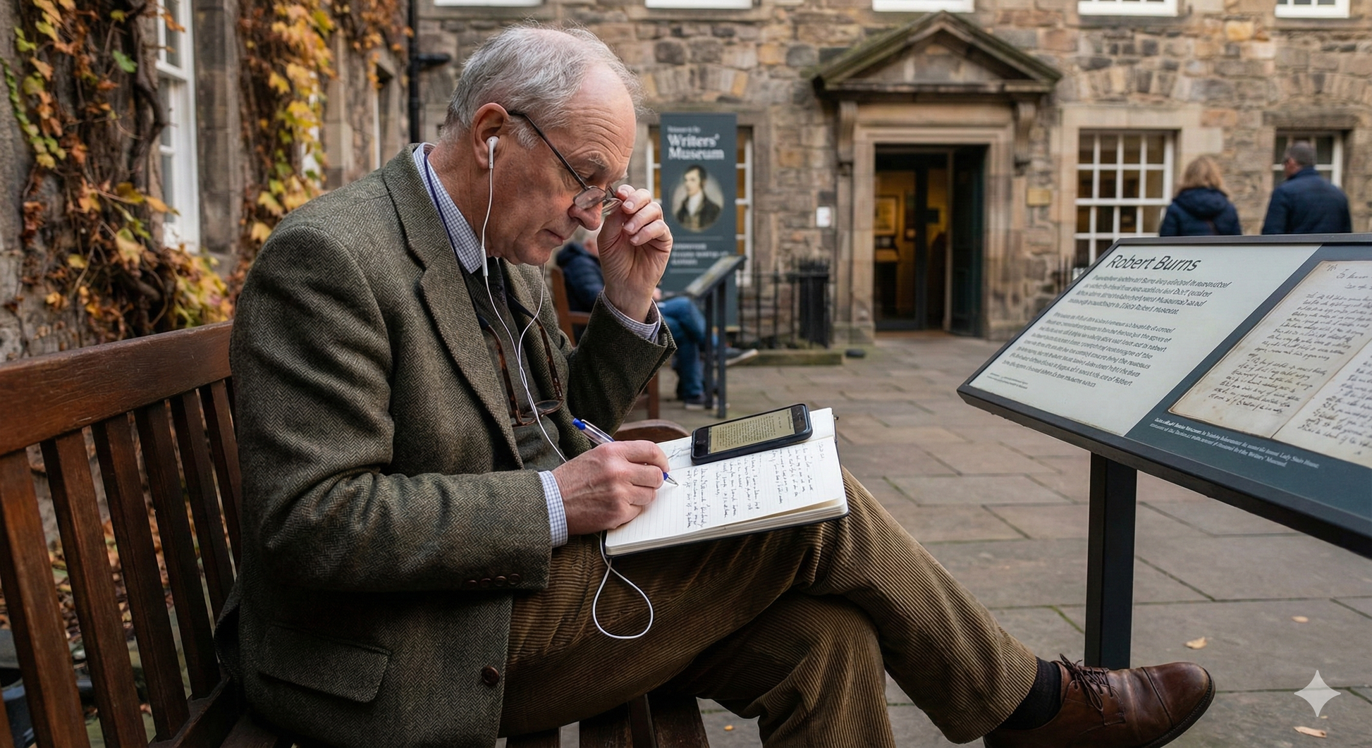 Uvamai Niche Tourism Edinburgh Self-Guided Audio Tour featuring the Writers' Museum with audio guide device and museum exterior.