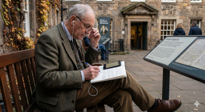 Uvamai Niche Tourism Edinburgh Self-Guided Audio Tour featuring the Writers' Museum with audio guide device and museum exterior.