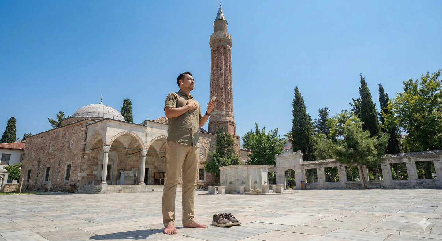 Self-guided audio tour of Antalya by Uvamai Niche Tourism, featuring scenic views and architectural landmarks in the image.