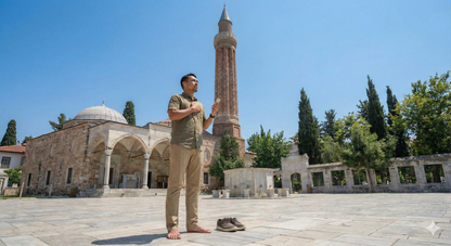 Self-guided audio tour of Antalya by Uvamai Niche Tourism, featuring scenic views and architectural landmarks in the image.