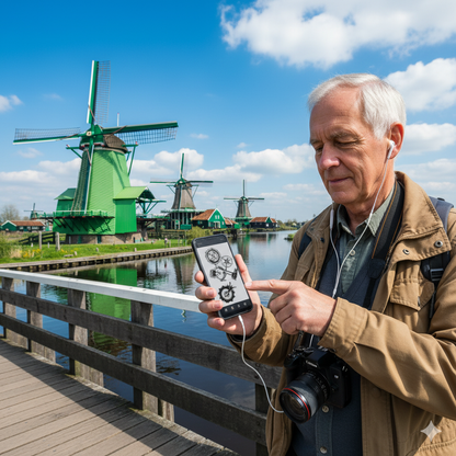 Audio tour device featuring Zaanse Schans landmarks for the Amsterdam Self-Guided Audio Tour by Uvamai Niche Tourism.