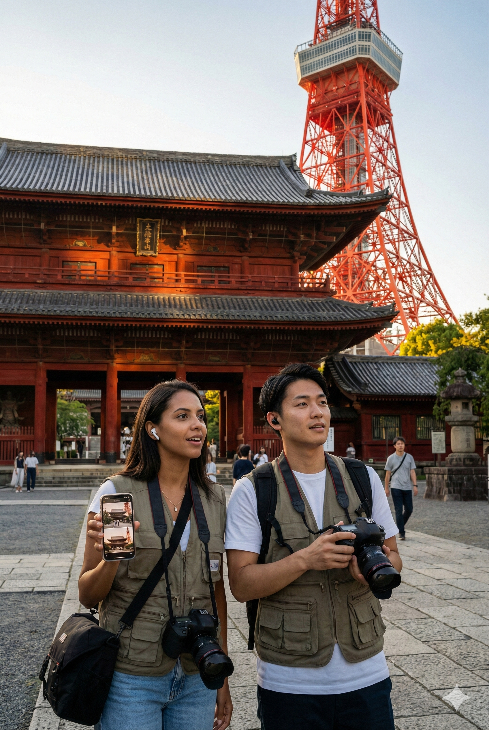 Audio guide device for Tokyo's Zojoji Temple tour, provided by Uvamai Niche Tourism, shown with temple background.