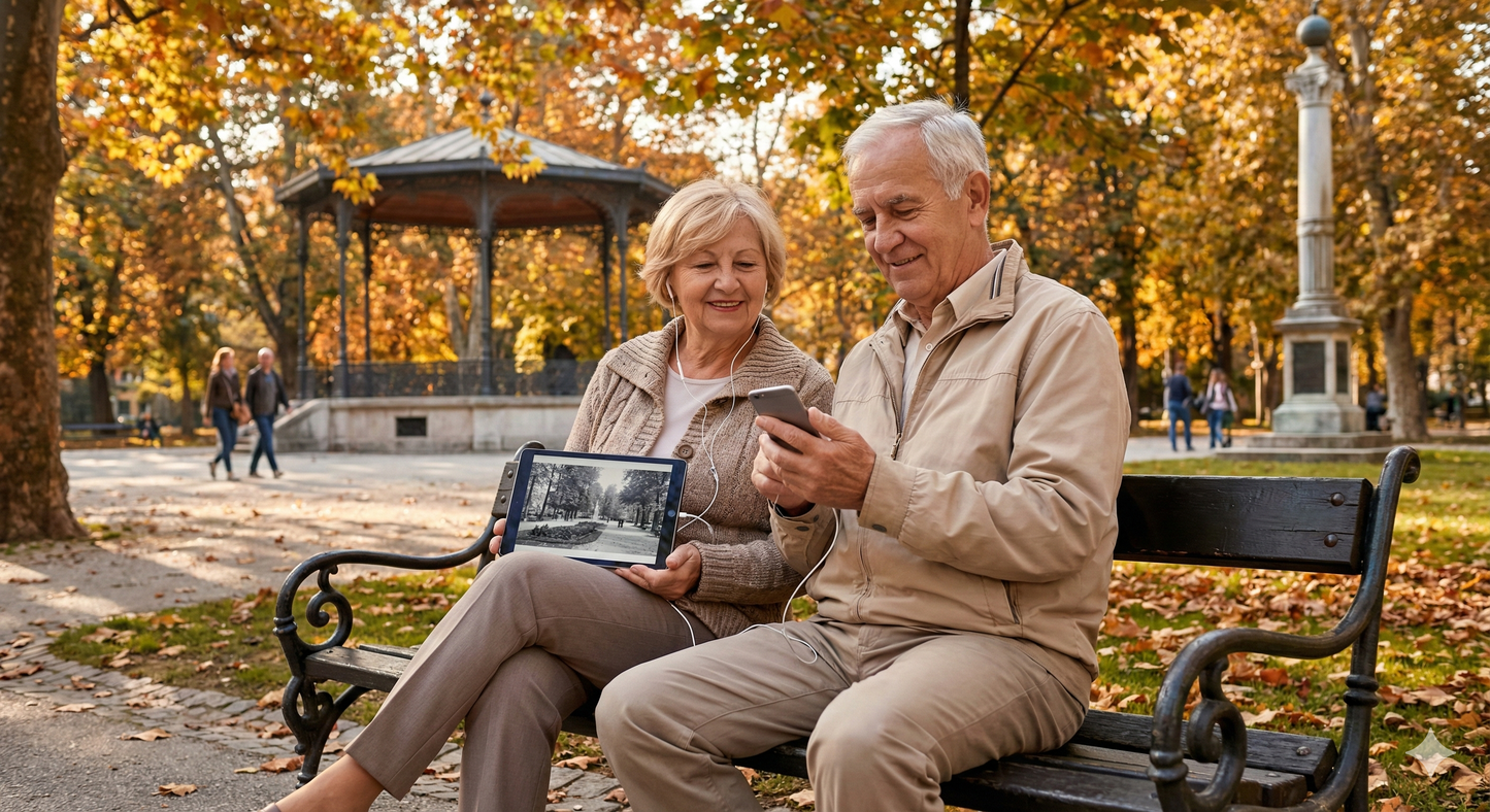 Audio guide device displaying map of Zagreb's Zrinjevac Park for the Uvamai Niche Tourism self-guided tour.
