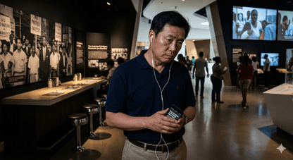 Audio tour device for Atlanta self-guided tour by Uvamai Niche Tourism, showing headphones and tour interface on a handheld screen.