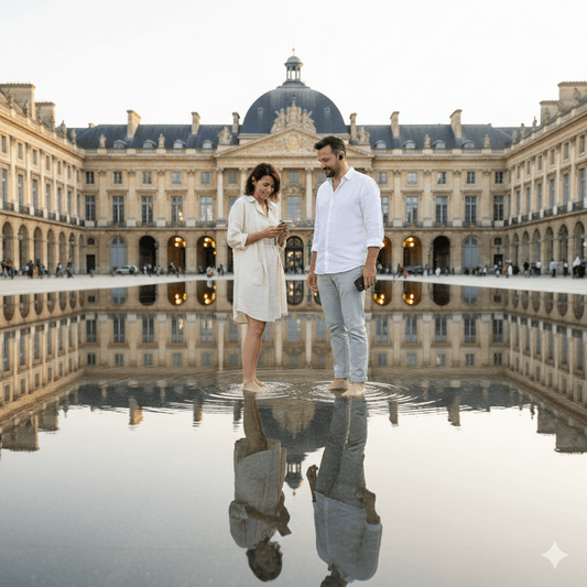 Bordeaux Self-Guided Audio Tour by Uvamai Niche Tourism, showing a smartphone with map and audio guide interface.