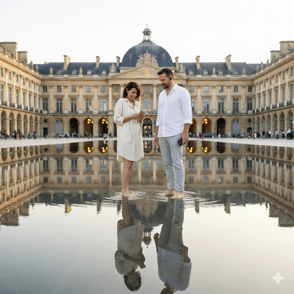 Bordeaux Self-Guided Audio Tour by Uvamai Niche Tourism, showing a smartphone with map and audio guide interface.