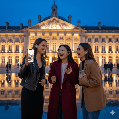 Bordeaux Self-Guided Audio Tour by Uvamai Niche Tourism, featuring a smartphone and headphones for exploring Bordeaux city.