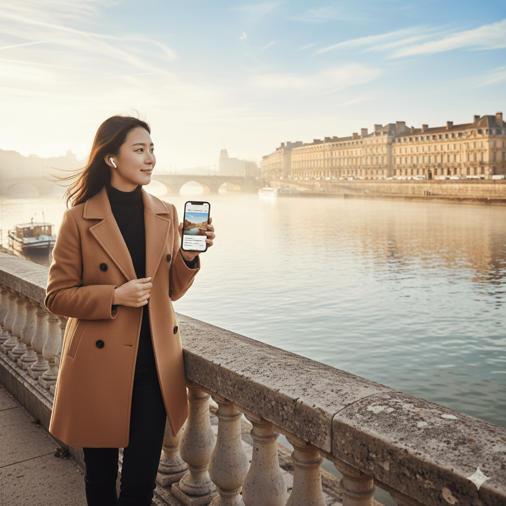 Bordeaux Self-Guided Audio Tour by Uvamai Niche Tourism, featuring a smartphone and headphones with scenic Bordeaux landmarks.