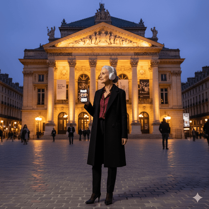 Bordeaux Self-Guided Audio Tour by Uvamai Niche Tourism, showing a smartphone and headphones with scenic Bordeaux landmarks.
