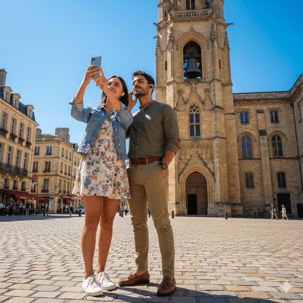 Bordeaux Self-Guided Audio Tour by Uvamai Niche Tourism, showing a smartphone with navigation app and scenic Bordeaux landmarks.