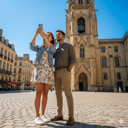 Bordeaux Self-Guided Audio Tour by Uvamai Niche Tourism, showing a smartphone with navigation app and scenic Bordeaux landmarks.