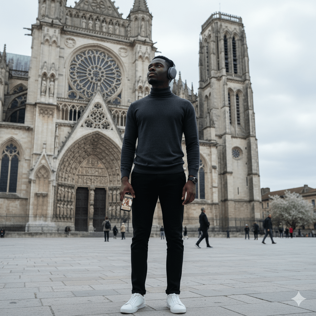 Bordeaux Self-Guided Audio Tour by Uvamai Niche Tourism, featuring a smartphone with audio guide app on a city street.