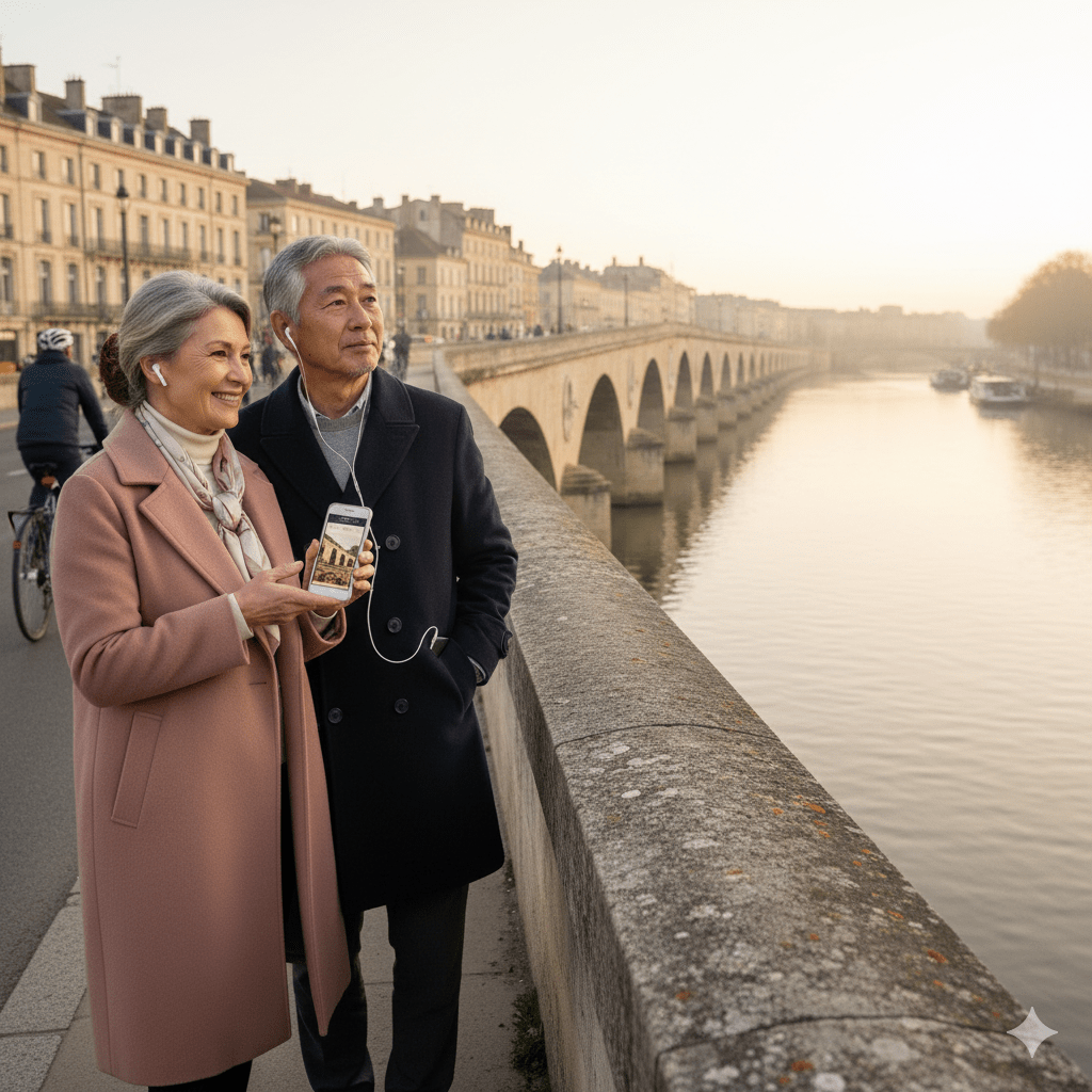 Audio tour device for Bordeaux city, featuring the Bordeaux Self-Guided Audio Tour by Uvamai Niche Tourism, with headphones and tour controls.