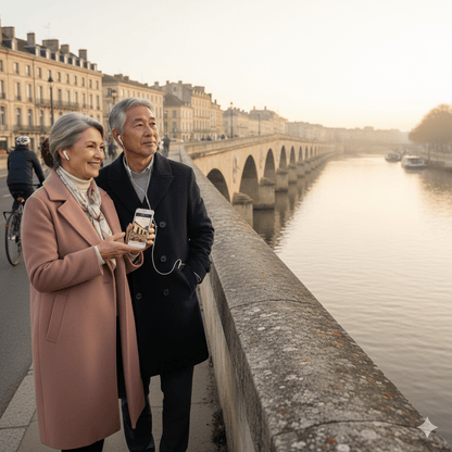 Audio tour device for Bordeaux city, featuring the Bordeaux Self-Guided Audio Tour by Uvamai Niche Tourism, with headphones and tour controls.