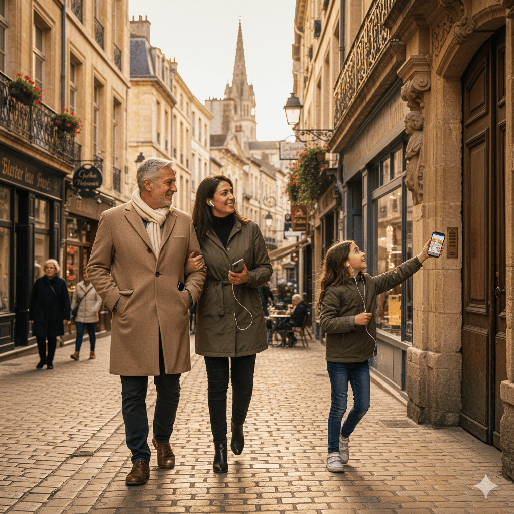Bordeaux Self-Guided Audio Tour by Uvamai Niche Tourism, showing a smartphone with map and audio guide interface on screen.