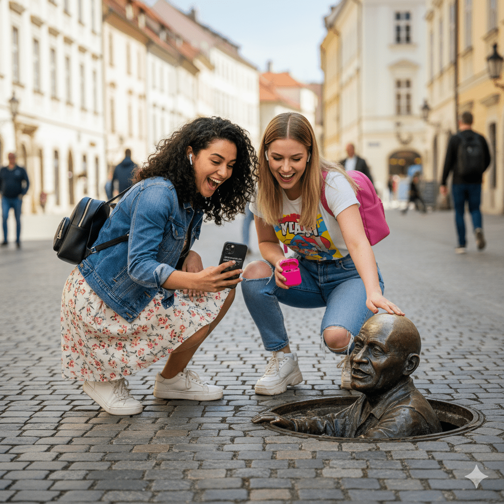 Audio guide player for the Bratislava Self-Guided Audio Tour by Uvamai Niche Tourism, featuring headphones and tour interface.