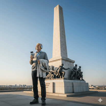Self-guided audio tour for Bratislava by Uvamai Niche Tourism, showing headphones and map for exploring the city.