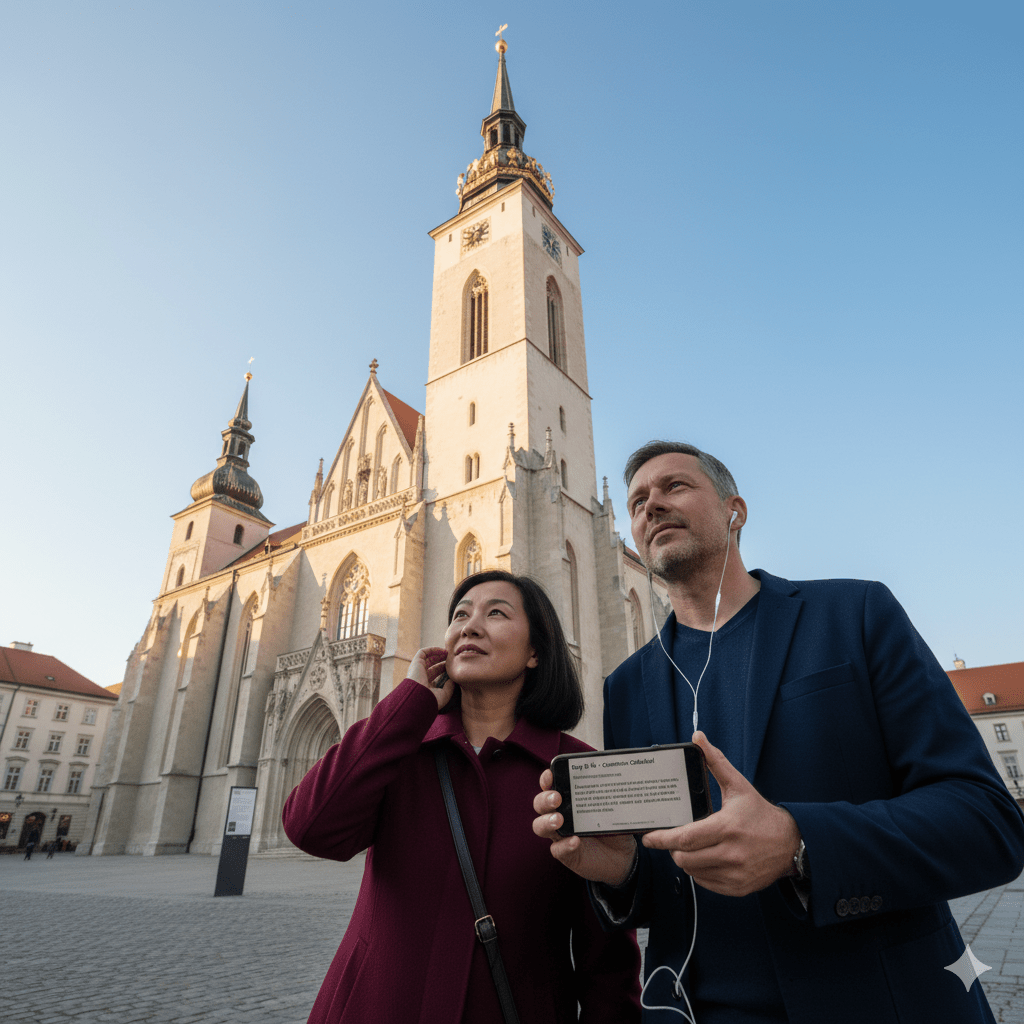 Bratislava Self-Guided Audio Tour by Uvamai Niche Tourism, featuring a smartphone and headphones for exploring the city.