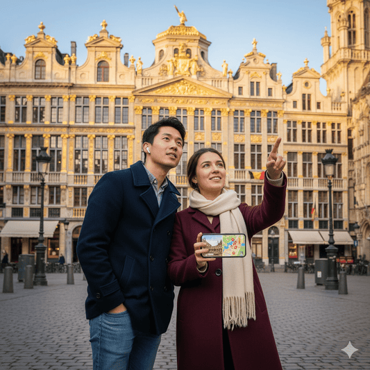 Brussels Self-Guided Audio Tour by Uvamai Niche Tourism, featuring headphones and map for exploring city landmarks.