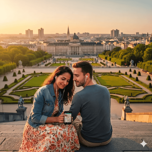 Brussels self-guided audio tour by Uvamai Niche Tourism, showing a smartphone with the tour app and city landmarks in the background.
