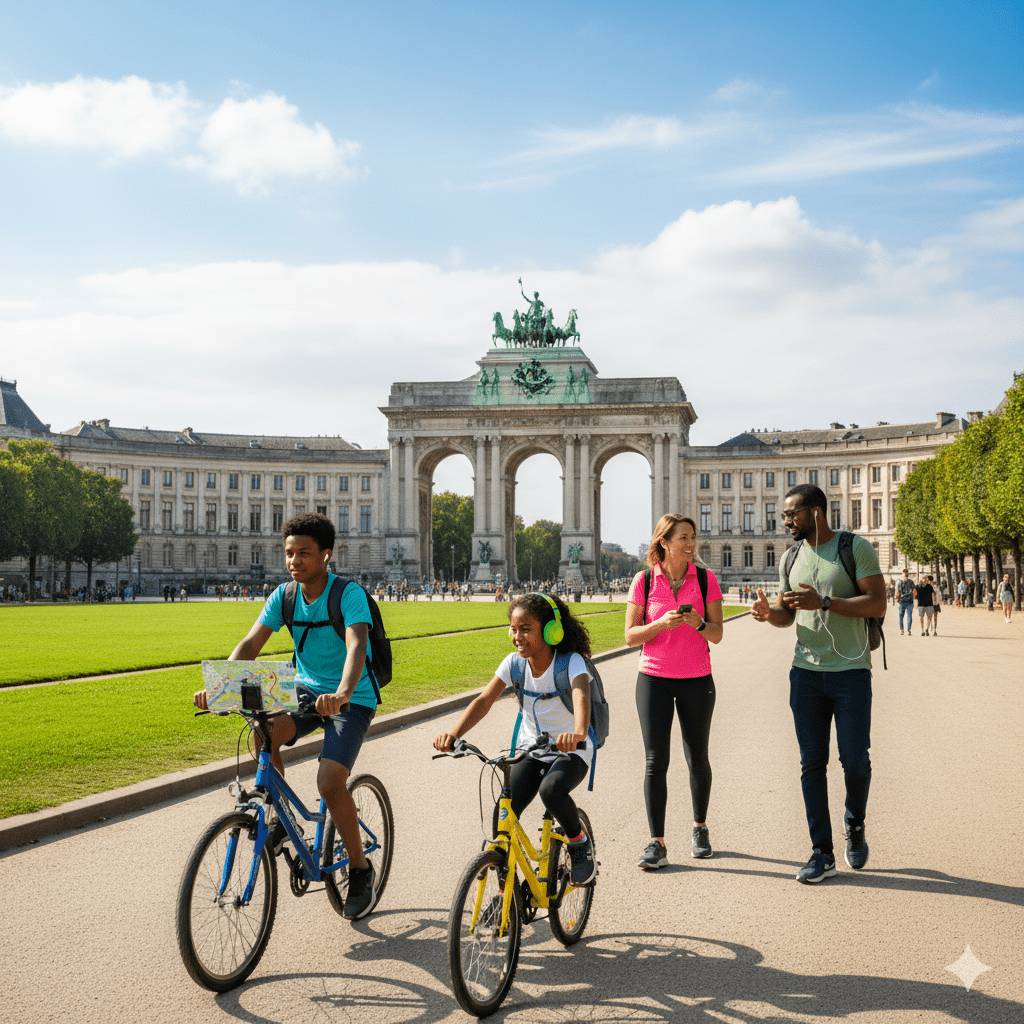 Brussels Self-Guided Audio Tour by Uvamai Niche Tourism, featuring a smartphone and headphones for exploring city landmarks.
